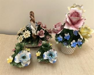 Vintage Nuova Capodimonte porcelain flower arrangements and flower candlestick holders