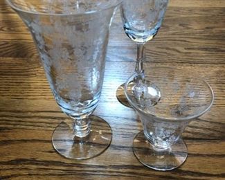 Antique Fostoria etched crystal stemware. Set of 6 water, wine and cordial glasses for a total of 18 "stems"