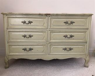 Vintage six-drawer bureau. Light green. Measures 29 1/2" H x 19" D x 46.5" W