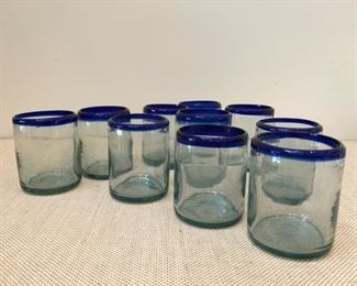 Set of 10 Cobalt Blue Rim Rocks glasses. Mexican Glassware