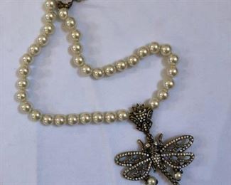 Vintage Heidi Daus freshwater pearl necklace with dragon fly pendant