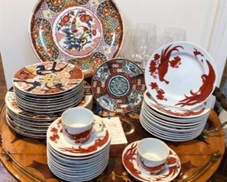 Imari large and small decorative plates, vintage Neiman Marcus Red Peking salad plates (12), cups & saucers (12) and bread plates (12). Andrea Sadek Classic Imari dinner (8) and salad plates (8)