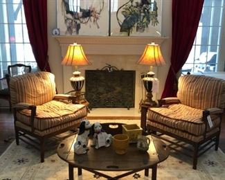 Two Calico Corners chairs, vintage Hickory Chair Butler's table, 9' x 12' Mansehra (Pakistan) rug, Staffordshire-style dogs, assorted pottery, pair of table lamps.  See next picture for better look at rug