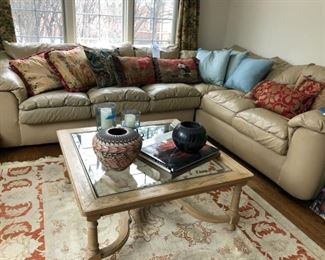 Coffee table, Leathercraft sectional sofa measures 93" x 115," assorted pillows, 6' x 9' Peshawar wool Persian rug