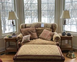 Carol Hicks Bolton love seat and ottoman measures 50" W x 44" D x 37" H, wicker side tables, pair of table lamps