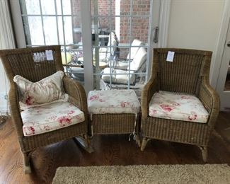 Wicker rocker, arm chair and ottoman