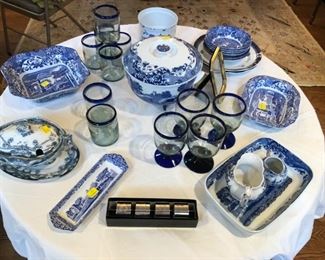 Spode Blue Italian serving pieces, Mexican Glassware blue cobalt rim glasses, silver-plate napkin rings, Royal Staffordshire Sauce Boat with Lid and under plate