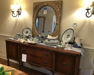 Antique sideboard measures 65" W x 37" H x 23" D (SOLD), LaBarge mirror (see next picture for mirror frame detail), vintage Royal Copenhagen Tranquebar Blue dinner and chop plates, platters and serving bowls, blue & white table cloth, antique blue and white pitcher, flint boxes from Ming Dynasty