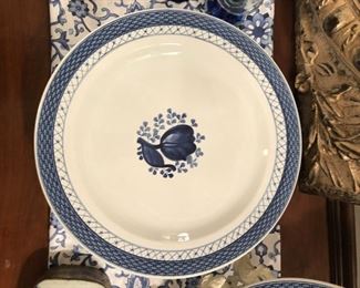 Vintage handprinted Royal Copenhagen Tranquebar Blue hand-painted plates with wide lattice band. Set of six 10-inch plates, set of ten 13-inch plates