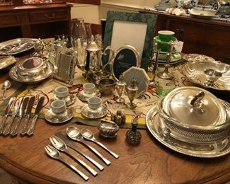 Silverplate serving pieces, Jens Quistgaard (Germany) for Dansk Odin stainless steel 5 piece place settings (service for 12 (SOLD), vintage Carleton Varney equestrian scarf