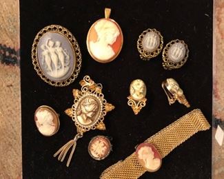 Cameo pins, earrings and bracelets