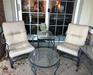Vintage Woodard Chantilly Rose spring bouncer chairs, round cocktail table, square and rectangle side tables; stone figurine