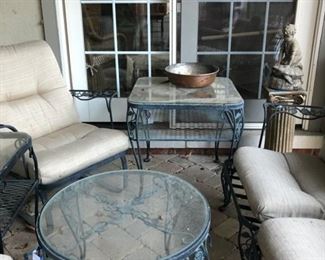 Vintage Chantilly Rose cocktail table with glass top and square side table; copper mining pan, outdoor display pedestal and stone figurine