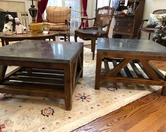 Crate & Barrel bluestone-topped bunching cocktail tables with wood bases. Each measures 27.5" x 27.5" x 16.5" h. Sold separately or as a pair for better pricing