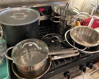 Stainless steel pots and pans.