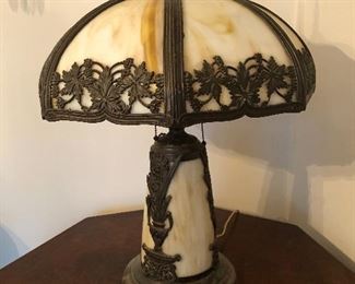 Art Nouveau slag glass panel lamp with lighted base