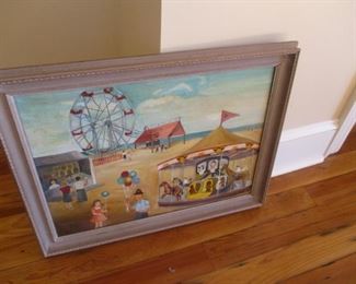 Circus painting-- We think that this is Lake Ponchartrain  before the Batts put up the Beach in 1928. We were told  that this is LEO'S ROAMING RIDES according to the heir of the estate. 