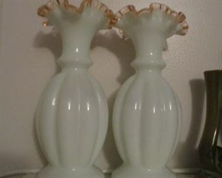 Pair of French art glass ruffled glass vases, white and pink