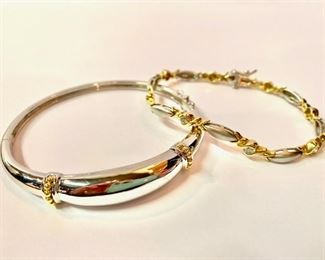 AYA 18kt white gold bracelet on left- diamond and 14kt gold bracelet on right. 