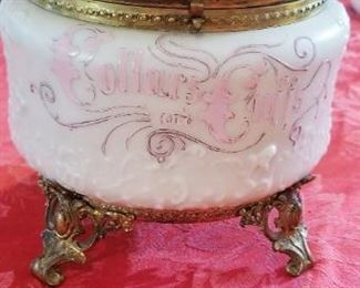 LOT A25- $595-GORGEOUS WAVECREST OPALWARE " COLLARS & CUFFS" DRESSER BOX 7 1/2"H X 7" W ( AS IS, SMALL STRESS CRACK )