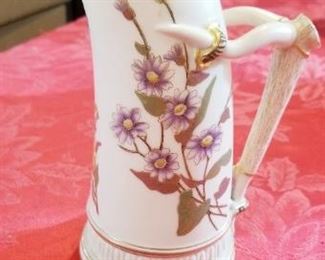 LOT A 26- $ 125- ANTIQUE ROYAL WORCESTER ANTLER HANDLED TUSK PITCHER 8" TALL