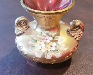 LOT A51- $25- MURANO ITALY RUBY RED, GOLD GUILD OVERLAY WITH FLOWERS 3 1/4"