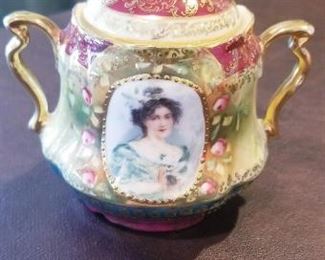 LOT A52- $20- VINTAGE HAND- PAINTED SUGAR JAR 4 1/2 TALL