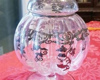 LOT A55- $50- SPECTACULAR LARGE SILVER OVERLAY FOOTED PUMPKIN PATTERN COVERED JAR 15" H X 9 1/2"W