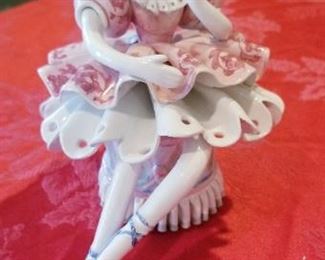 LOT C4- $70-  ITALIAN CLOWN MADE FOR GUMPS- 6 3/4 " H X 6 3/4W ( GIRL SITTING ON STOOL, PINK DRESS)