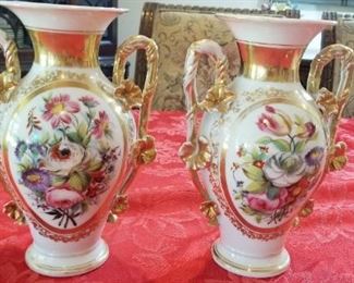 LOT C15- $45- PAIR OF ANTIQUE HAND PAINTED VASES 10" TALL