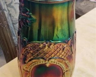 LOT C23- $95 SPECTACULAR IRRIDISCENT CARNIVAL GLASS VASE MADE BY FENTON , 12" TALL 