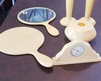 C28- $75- ANTIQUE CELLULOID VANITY SET C. 1890- 1910-  MIRROR 12 X7 1/2-(2), CLOCK 3X6, VASES (2) 7" TALL, POWDER BOX 2 1/2X 5 W