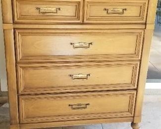 LOT D4- $110- VINTAGE 7 DRAWER HIGH BOY DRESSER WITH GLASS TOP 51"H X 30W X20D