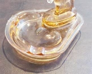 LOT T13- $ 25- VINTAGE DEPRESSION GLASS DOG ASHTRAY 3 H X 5 W