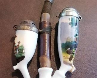 LOT T16-$45-  ANTIQUE WOOD AND PORCELAIN PIPE  ( AS IS)  9" LONG