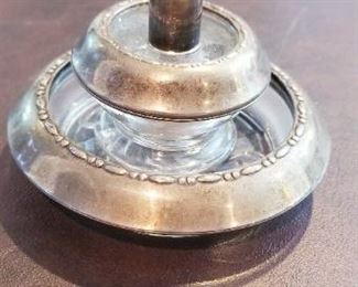 LOT T19- $195- BEAUTIFUL STERLING SILVER AND GLASS VINTAGE LIGHTER AND ASHTRAY SET  ( ASHTRAY 4" WIDE) ( LIGHTER 2.5" TALL)