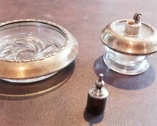 LOT T19- $195- BEAUTIFUL STERLING SILVER AND GLASS VINTAGE LIGHTER AND ASHTRAY SET  ( ASHTRAY 4" WIDE) ( LIGHTER 2.5" TALL)