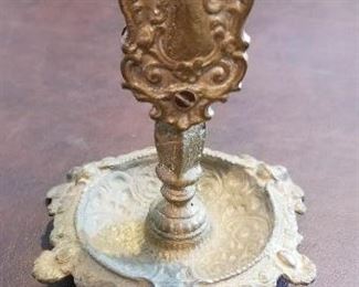 LOT T23- $45- ANTIQUE ART NOVEAU  MATCH HOLDER AND ASHTRAY WITH FIGURAL LEGS 6" TALL