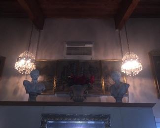 pair matching crystal hanging lights ,busts and art ,will post close ups when we get them down