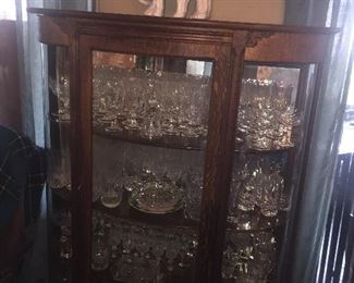 great oak display cabinet $450 and full of lovely crystal and glass glasses