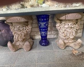 pair of great gnomes seats and blue  crystal vase