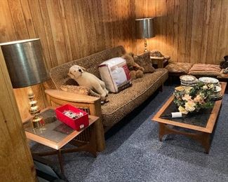 mid century end tables, coffee tables ,pair of lamps and great futon 