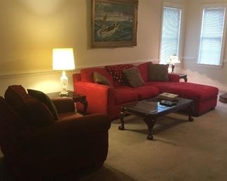 Sectional Couch, coffee table, end tables, lamps, pillows, side chair, Ship painting.