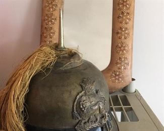 Antique Persian Brass Military Helmet. Leather Frame