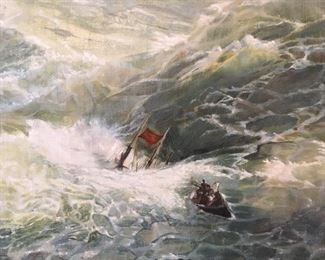 Vintage Oil Painting Row Boat/ Sinking Ship at Sea