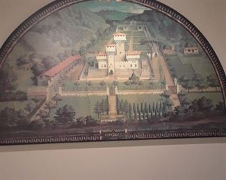 Half circle painting in wood of walled town in Italy