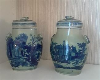 Ceramic blue and white jars