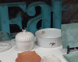 Souffle dish, owl motif serving pieces, acorn ceramic jar, and other kitchen ware