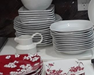 The Palm dinner plates, salad plates and bowls. Asian inspired dinnerware in shades of pink