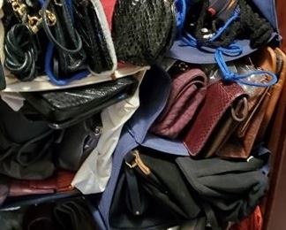 Great pocketbooks. Names like Judith Lieberman, Coach, Rafe, Bruno Magli, Whiting Davis, Bodhi, Cole Hahn, Ugg, Neimann Marcus, Bloomingdales. Etc   Evening Bags, Casual, Dress Bags, a bag of every color, leather, crocodile, metal, beaded ....
